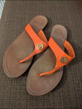 Tory Burch Orange Patent Logo Thong Sandals